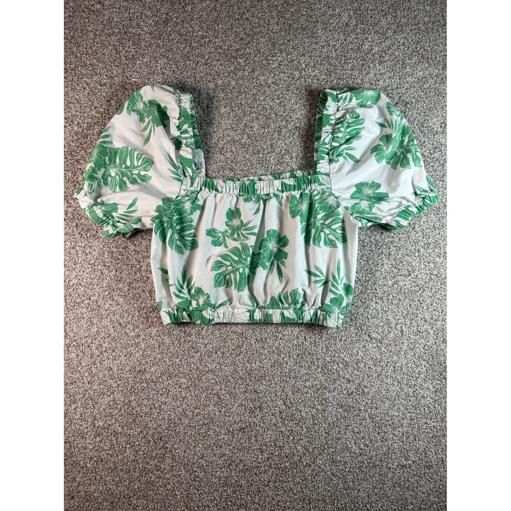 American Eagle Green Tropical Floral Puff Sleeve Crop Top Small Square Neck